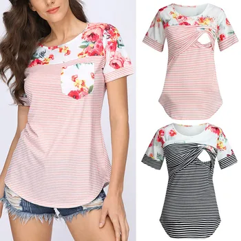  Женская одежда, блузки, одежда для беременных, Женская футболка для беременных с коротким рукавом в цветочную полоску, топ для кормления грудью