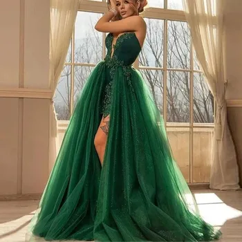  Изысканное зеленое роскошное коктейльное бальное платье, платье для выпускного вечера со съемным шлейфом, вечернее платье со шлейфом для официальных мероприятий