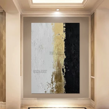  Текстурная золотая фольга, абстрактная черно-белая акриловая картина, большая настенная картина маслом, ручная роспись, Набор панелей без рамы