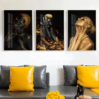  Концепт-плакаты Black Golden Woman Face Body Art, принты на холсте, современная живопись в скандинавском стиле, картина для домашнего декора в гостиной.