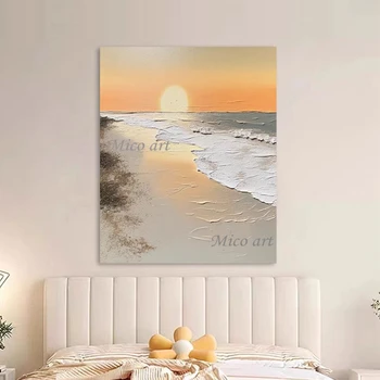  Декор Пляж С морским пейзажем, настенная картина, холст в рулоне, пейзаж без рамы, абстрактное произведение искусства, акриловая текстура, картина маслом ручной работы.