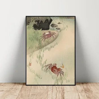  Плакат с художественной печатью Ohara Koson Два Краба За Тростником Антикварная Картина на холсте Наклейки на стены с животными Декор