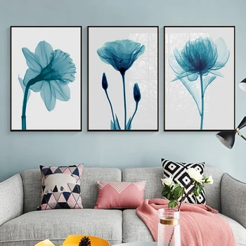  Цветочная Ботаническая Печать на холсте, Плакат с синим цветочным растением, Настенные рисунки в скандинавском стиле для гостиной, Современный Домашний Декор