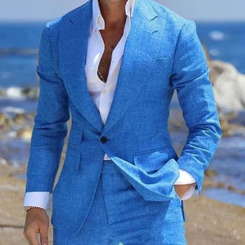  Летние Пляжные Свадебные Смокинги для Мужчин Slim Fit Льняные Однобортные Мужские Костюмы Формальный Блейзер (Куртка + брюки) 2023