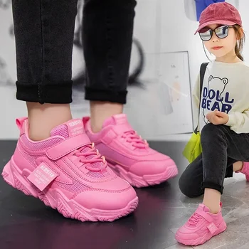  Весенние новые детские кроссовки 2022 года из искусственной кожи для девочек, повседневная сетчатая однотонная розовая обувь для мальчиков, белая детская нескользящая спортивная обувь на крючках и петлях, Модная