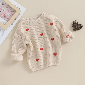 Свитера для новорожденных Девочек, Милые Трикотажные Пуловеры с вышивкой в виде сердца с длинным рукавом, Топы-джемперы для младенцев