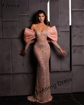  Элегантные розовые вечерние платья с большим бантом, расшитые бисером, сшитые на заказ со стразами без бретелек, выпускные платья для свадеб, женское вечернее платье в Дубае