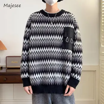  Зимний мужской свитер волнистого кроя в японском стиле Harajuku С карманами, универсальный трикотаж, модная уличная одежда с длинным рукавом, колледж