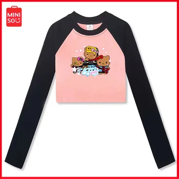  Новая футболка Miniso Y2K Sanrio Hellokitty Band С длинными рукавами, Женская Короткая футболка Со вставками на плечах, Приталенный Топ Хитового цвета, Вывернутый наизнанку