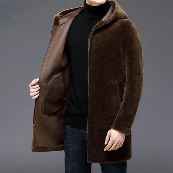  2023 Мужская осенне-зимняя новая длинная верхняя одежда из овечьей шерсти, мужские теплые пальто из натуральной шерсти, мужские двусторонние куртки с капюшоном