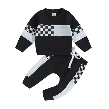  Комплекты штанов из 2 предметов для маленьких мальчиков, пуловер с рисунком в виде шахматной доски и комплекты штанов на завязках