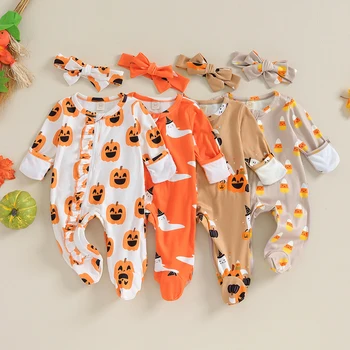  Bmnmsl, комплекты одежды из 2 предметов для маленьких девочек, комбинезон с длинными рукавами и застежкой-молнией с принтом на Хэллоуин и милая повязка на голову для малышей
