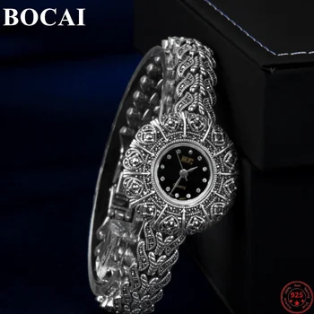  Браслет из стерлингового серебра BOCAI S925 для женщин, новинка 2023 года, женская мода, браслет с ремешком из чистого серебра подсолнечника, наручные часы