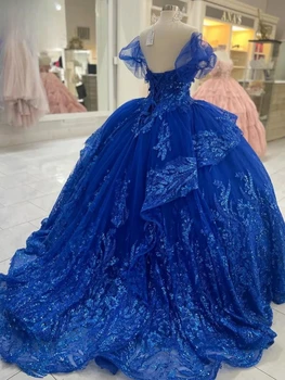 Реальное Изображение Голубые Платья Принцессы Для Выпускного Вечера, Бальное Платье, Кружевная Аппликация, Корсет, Праздничное Платье Для Особых Случаев, 16 Vestidos De 15 Quinceañera 2024