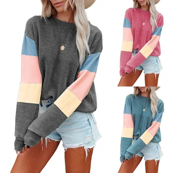  Новый пуловер для женщин 2023, весна и осень, круглый вырез, длинный рукав, контрастная повседневная футболка, модный топ больших размеров