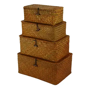  Корзины для хранения водорослей с крышками, плетеные прямоугольные корзины, плетеный органайзер для хранения на полке, набор из 4 штук
