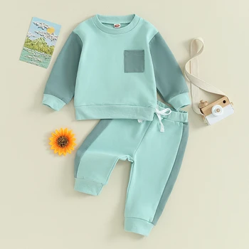  Комплект штанов для маленьких мальчиков BeQeuewll на осень, толстовка контрастного цвета с длинным рукавом и эластичной резинкой на талии, спортивные штаны, одежда для младенцев