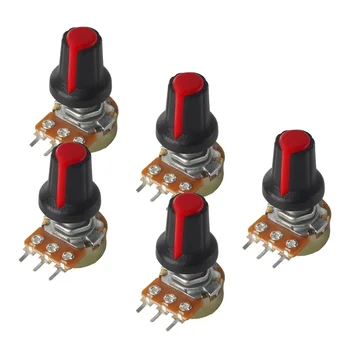  5 комплектов Линейного Поворотного Конического Потенциометра WH148 3Pin с Переменными Резисторами 1K-1M Ом 15 мм Вал с Красными Ручками AG2, Гайками и Шайбами
