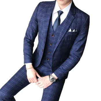  5XL-S (куртки + брюки + жилет) Роскошный мужской приталенный клетчатый костюм из 3 предметов 2023, официальный деловой офисный светский свадебный смокинг Homme