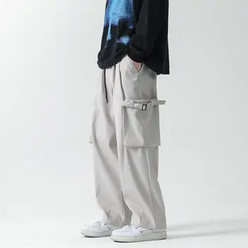 Мужские модные Свободные рабочие брюки в стиле хип-хоп, повседневные брюки-карго, Большие карманы, для бега трусцой, Черные, Прямые