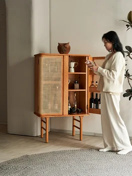  Шкаф для хранения из ротанга из массива дерева, стоячий шкаф из черного ореха, гостиная в японском стиле, винный шкаф, домашний обеденный буфет