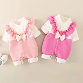  Комбинезон для девочки на 1-18 месяцев, осень-Зима, новый стиль, розовый утепленный комбинезон с бантом, бутик одежды для маленьких девочек, комплект детской одежды