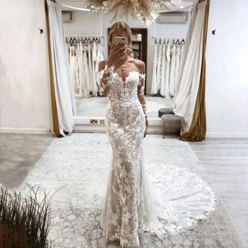  Свадебное платье Русалка с длинными рукавами и открытыми плечами 2023, женские свадебные платья с вышивкой в виде сердца и открытой спиной, Vestido De Noiva