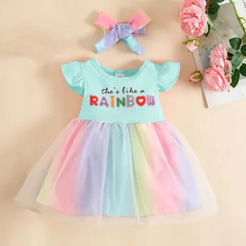  Платья для девочек от 0 до 4 лет, летнее лоскутное радужное платье для девочек + повязка на голову, одежда для новорожденных, платье-пачка принцессы для девочек