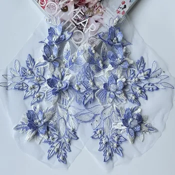  1 шт. Кружевная нашивка с 3D цветком, синяя аппликация, Сетчатая вышивка, Ткани, нашивки из бисера, ткань для шитья, Свадебное вечернее платье, декор своими руками