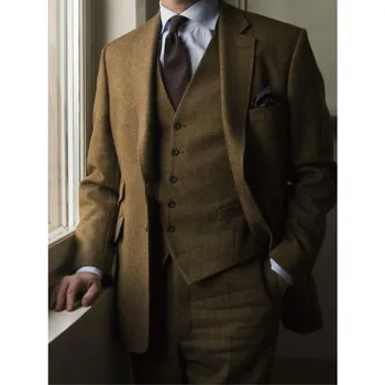  2020 Мужские твидовые костюмы, 3 шт. коричневые мужские костюмы, сшитые на заказ, мужской костюм с вырезами на лацканах (куртка + брюки + жилет)