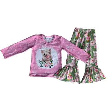  Бутик Одежды для маленьких девочек с длинными рукавами, расклешенные штаны с рисунком Поросенка с цветочным рисунком, Комплект для маленьких девочек