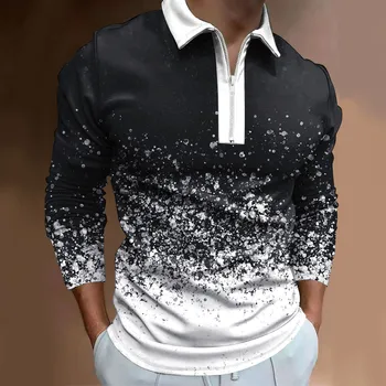  Мужская мода, свободный топ с отворотом, молния, 3D цифровая печать, футболка с длинным рукавом, тонкий топ с длинными рукавами, мужская