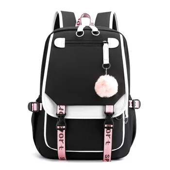  большие школьные сумки для девочек-подростков, USB-порт, холщовый школьный рюкзак, студенческая сумка для книг, модный черно-розовый школьный рюкзак для подростков mochila
