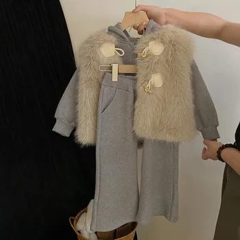  Новинка зимы 2023, модный вязаный свитер и брюки для детского досуга, модный комплект меховых жилетов в западном стиле для малышей.