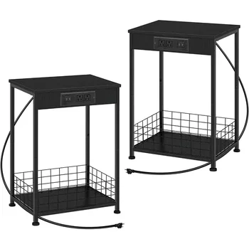  2-ярусные прикроватные тумбочки, приставные столики с зарядной станцией и корзиной для хранения, комплект из 2 предметов, черный