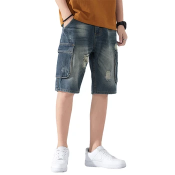 Летние шорты, мужские джинсы, темно-синие джинсовые шорты в стиле хип-хоп, боковые карманы, Дизайн Высокого качества, свободный крой, потертый Размер Oversize 42