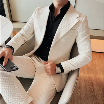  (Куртка + брюки) Мужской Приталенный костюм из вафельной ткани, 2 предмета, Однотонные Деловые Свадебные Смокинги, Модное Вечернее платье Для выпускного вечера Homme 4XL-M