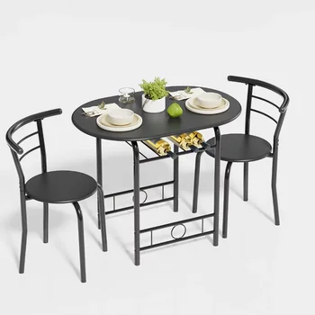  Vineego Обеденный набор из 3 предметов на 2 маленьких кухонных столика для завтрака, компактные деревянные стулья и столовый набор, черный