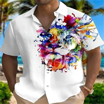  Новая повседневная рубашка с короткими рукавами 2023, многоцветная гавайская рубашка с 3D-принтом тигра, взрыв