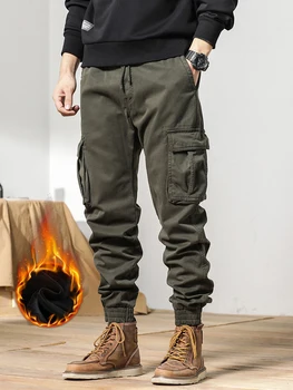  2023 Новые зимние брюки-карго Для мужчин с несколькими карманами, флисовой подкладкой на шнурке, Толстый теплый комбинезон, джоггеры, повседневные хлопковые термобрюки