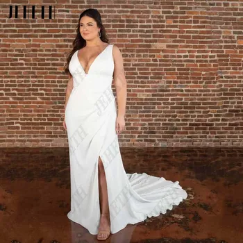  JEHETH, современное свадебное платье без рукавов для невесты, большие размеры, платья для невесты-русалки с разрезом сбоку, Атласный шлейф, vestidos de novia