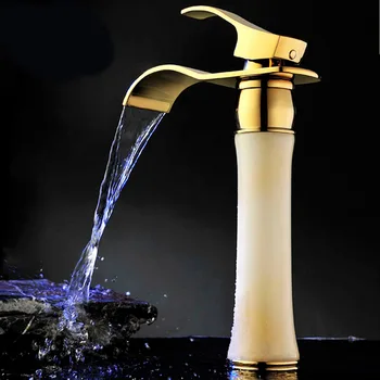  Античный натуральный Нефритовый Золотой Водопадный кран Европейский смеситель для умывальника Настольный смеситель для горячей и холодной воды
