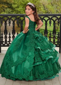  Зеленые платья, бальное платье с V-образным вырезом, тюлевые аппликации, платья для девочек в цветочек Для свадеб, нарядные платья, свадебные кружева, бусины в цветочек