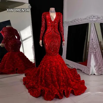  Блестящие красные платья Русалки для выпускного вечера С расшитым блестками V-образным вырезом, расшитым бисером, Вечерние платья с черными оборками для девочек, Придворные платья De Soirée