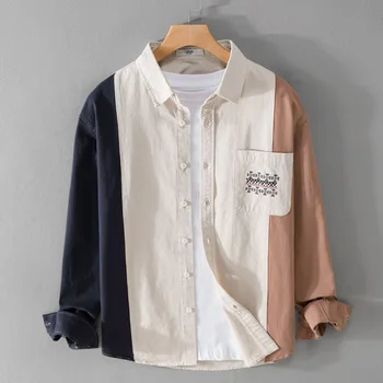  9861 Весенне-осенние Модные рубашки с длинными рукавами в стиле пэчворк, подходящие по цвету к Корейскому стилю, Однотонные Хлопковые Мягкие Красивые Мужские блузки, топы