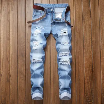  Прямые мужские джинсы, рваные потертые джинсы, высококачественные мужские джинсовые повседневные брюки, модная дизайнерская одежда в стиле хип-хоп