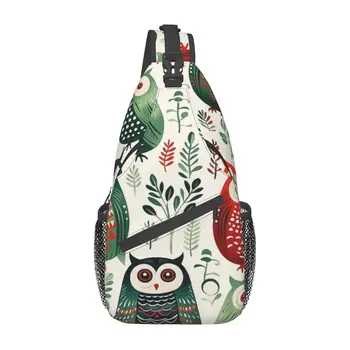  Нагрудная сумка с красными белыми и зелеными совами Из персонализированной полиэфирной ткани На каждый день Приятный подарок На заказ