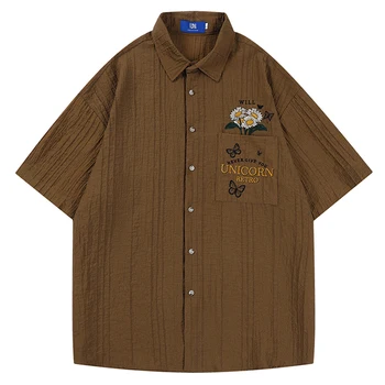 Черная рубашка в стиле Харадзюку, Y2K, Мужская Летняя Ретро-бабочка, Подсолнух, Цветочная вышивка, Рубашка с коротким рукавом, Винтажный Свободный Топ с коротким рукавом