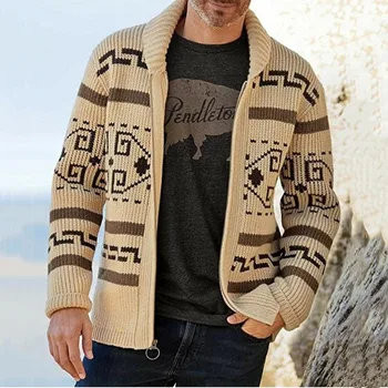  Элегантный кардиган средней длины в этническом ретро стиле, мужской повседневный кардиган в винтажном стиле с V-образным вырезом на молнии, свитер, пальто на осень-зиму
