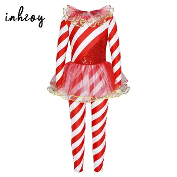 Рождественские костюмы Санта-Клауса для девочек, Леденцовая трость, полосатый комбинезон для выступлений, Сетка с блестками, лоскутное шитье, Рождественский сценический танцевальный комбинезон